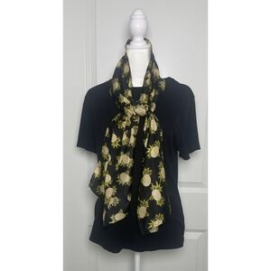 ECHO 100% Silk Pineapple Black Yellow Tropical Print Scarf Chic Vintage Inspired